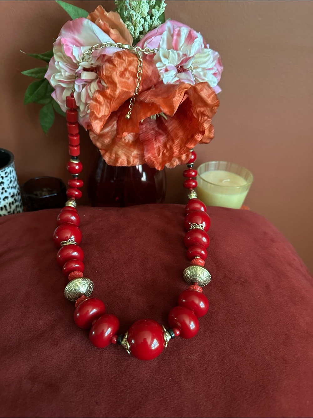Vintage Chunky Red Beaded Statement Necklace - Unbranded